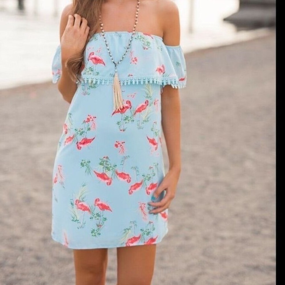 Everly Flamingo Print Off The Shoulder Mini Dress Blue Crochet Trim DR7999